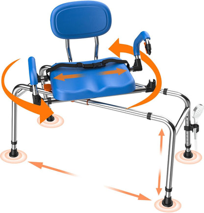 Sliding Shower Chair with 360° Swivel Seat, 450 LB Heavy-Duty Tub Transfer Bench, Adjustable Height & Width, Bathtub Shower Seat for Seniors & Adults