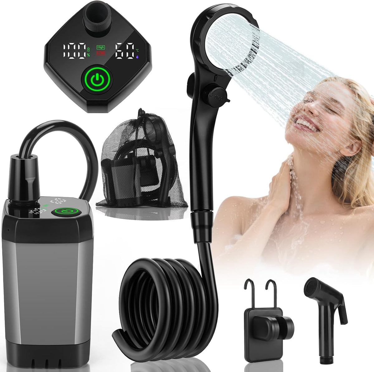 Portable Shower for Camping, Rechargeable Camping Shower Pump with LED Display of Battery Level and Temperature