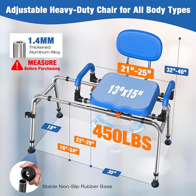 Sliding Shower Chair with 360° Swivel Seat, 450 LB Heavy-Duty Tub Transfer Bench, Adjustable Height & Width, Bathtub Shower Seat for Seniors & Adults