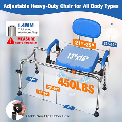 Sliding Shower Chair with 360° Swivel Seat, 450 LB Heavy-Duty Tub Transfer Bench, Adjustable Height & Width, Bathtub Shower Seat for Seniors & Adults