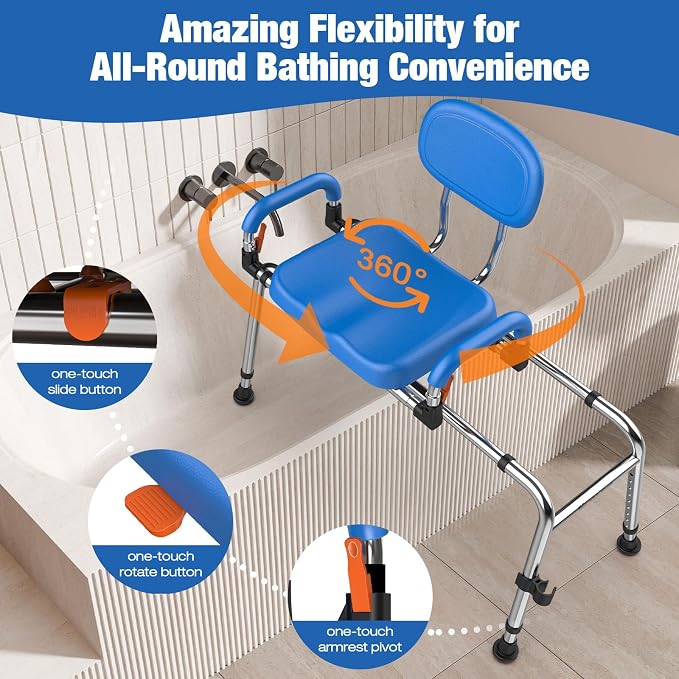 Sliding Shower Chair with 360° Swivel Seat, 450 LB Heavy-Duty Tub Transfer Bench, Adjustable Height & Width, Bathtub Shower Seat for Seniors & Adults